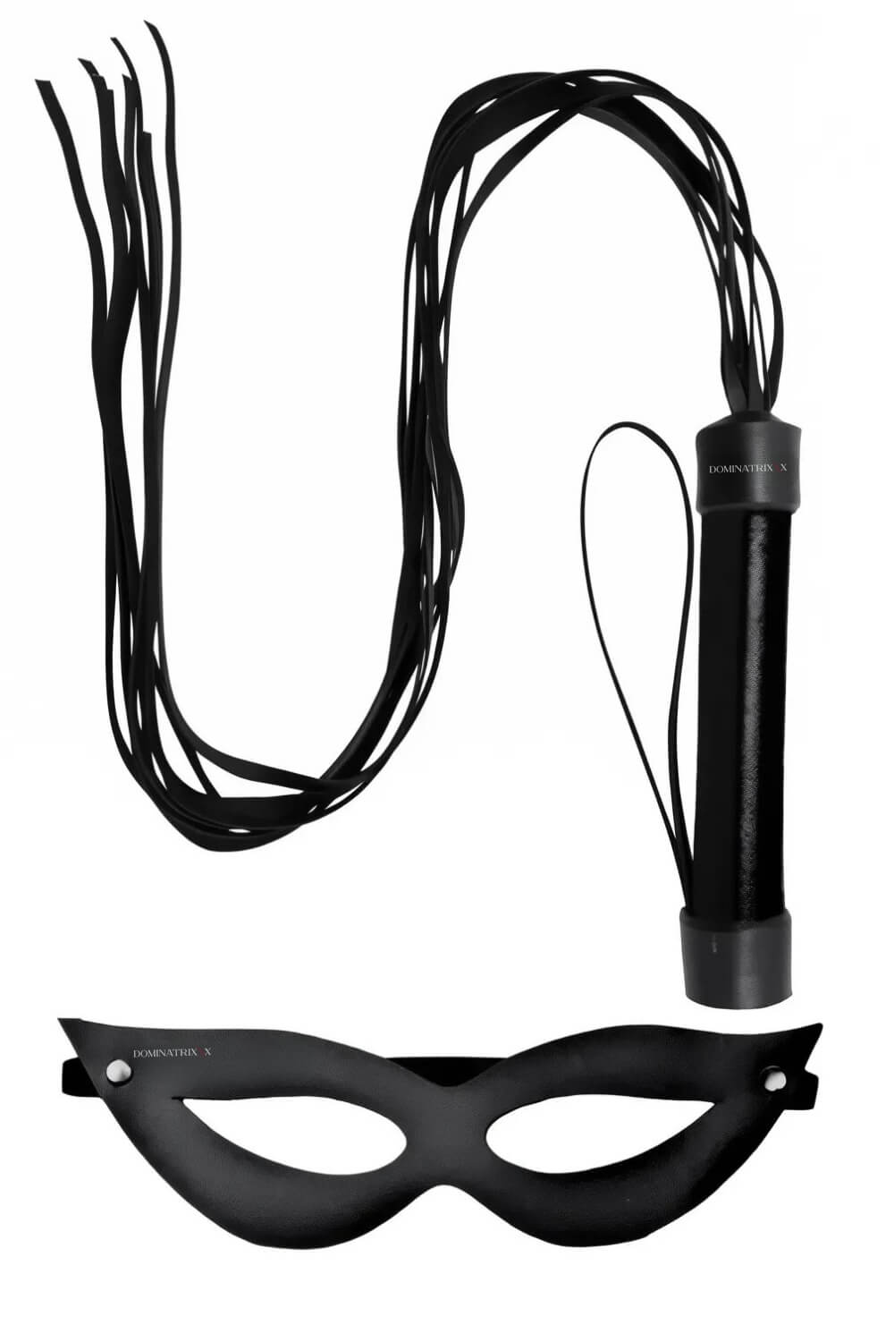 Kit Dominatrixxx com Flogger longo e máscara preta anatômica - Acessórios Sensoriais