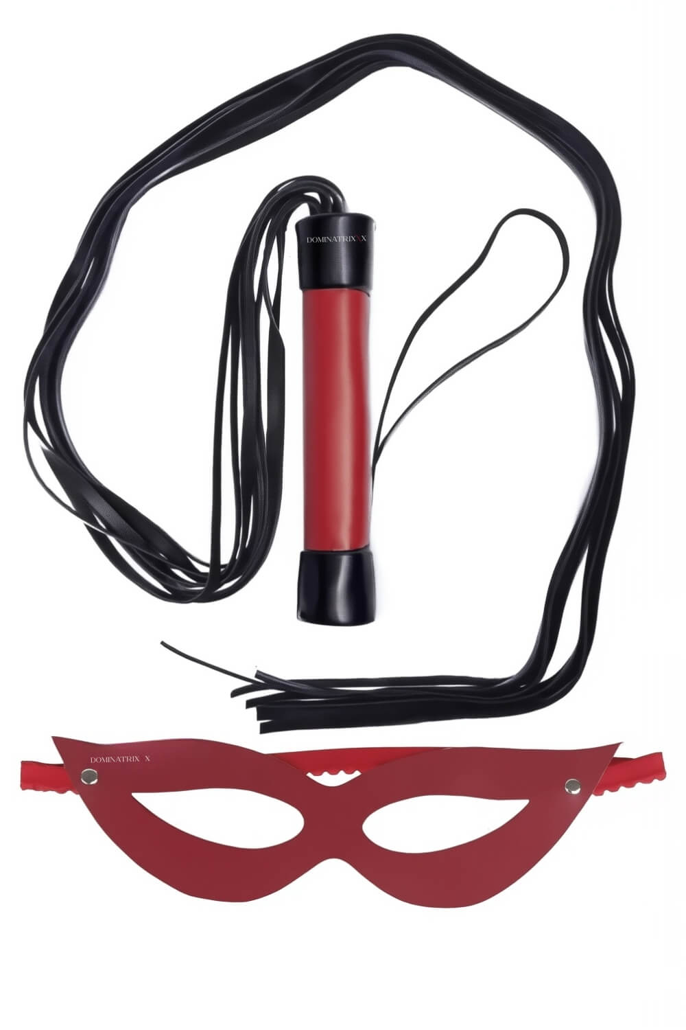 Kit Dominatrixxx com Flogger longo e máscara preta anatômica - Acessórios Sensoriais