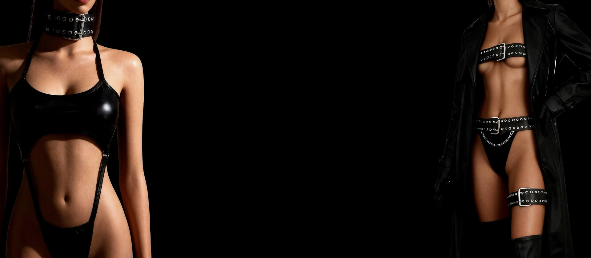 Banner principal Dominatrixxx Fábrica Brasileira mostrando modelos com looks de design autoral em vinil e harnesses